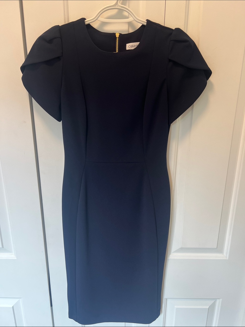 Calvin Klein Navy Puff-Sleeve Sheath Midi Dress